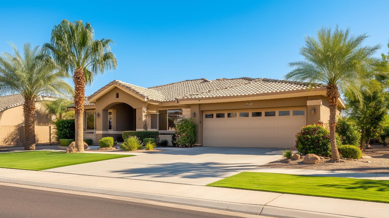Single story Florida home with a tile roof and palms on a clear day