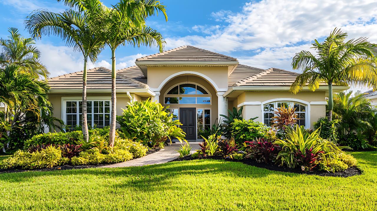 Central Florida single family home with a tile roof and tropical landscaping