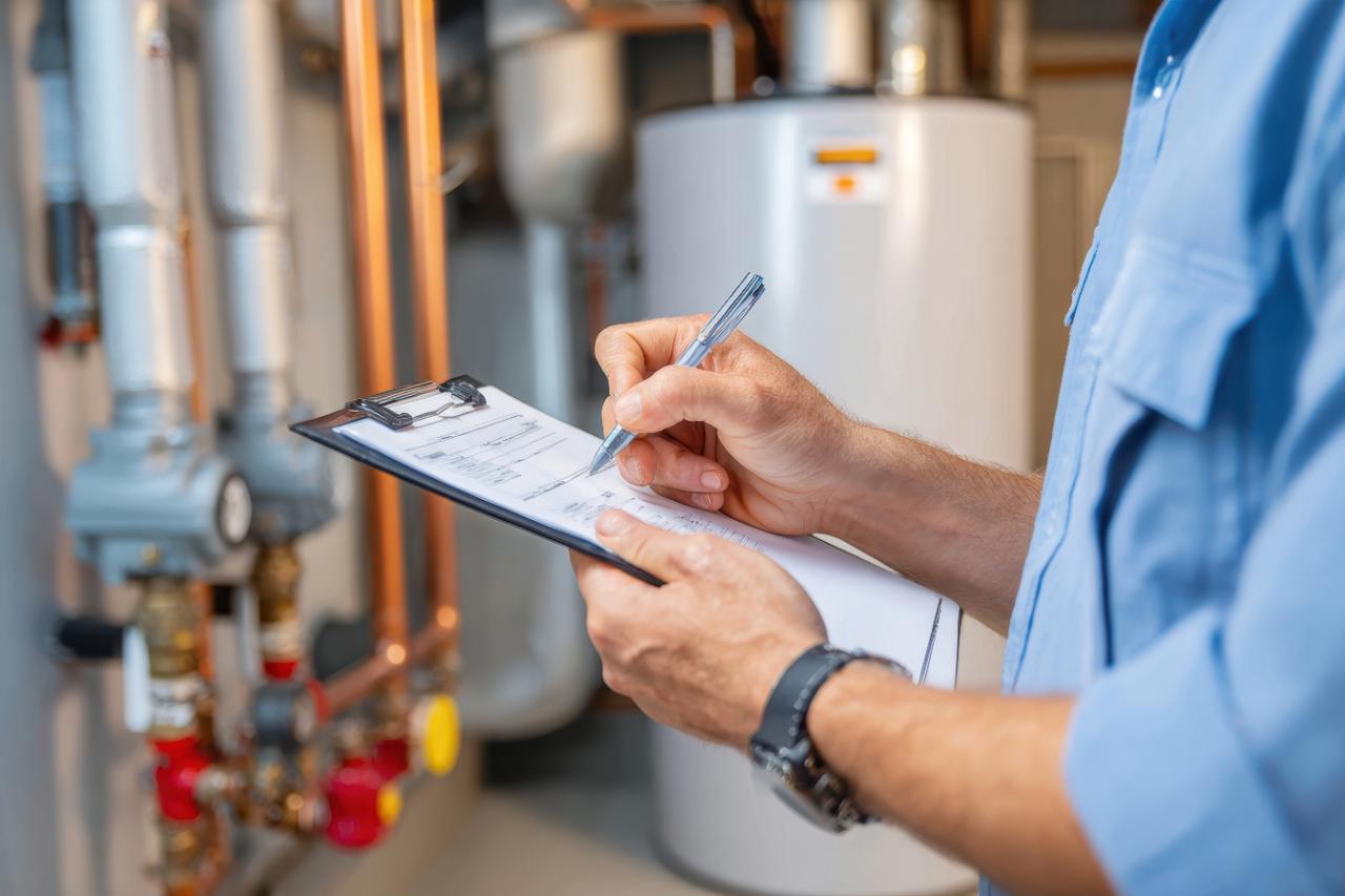 Inspector documenting water heater and plumbing during a four point inspection