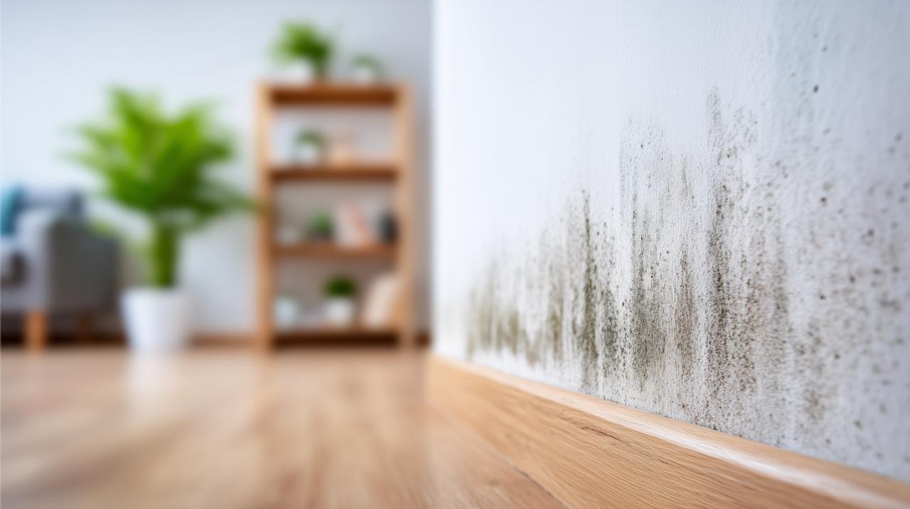 Mold growth spreading along an interior wall above the baseboard problems