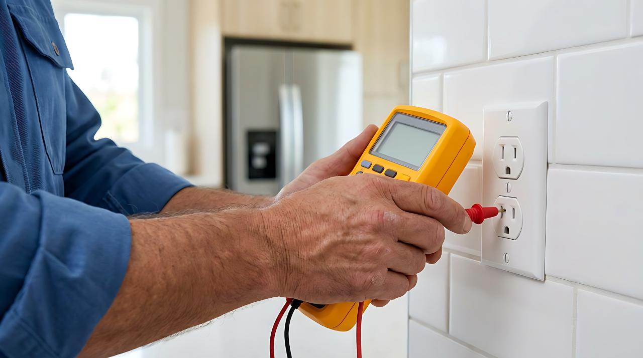 Inspector testing a kitchen outlet with a multimeter