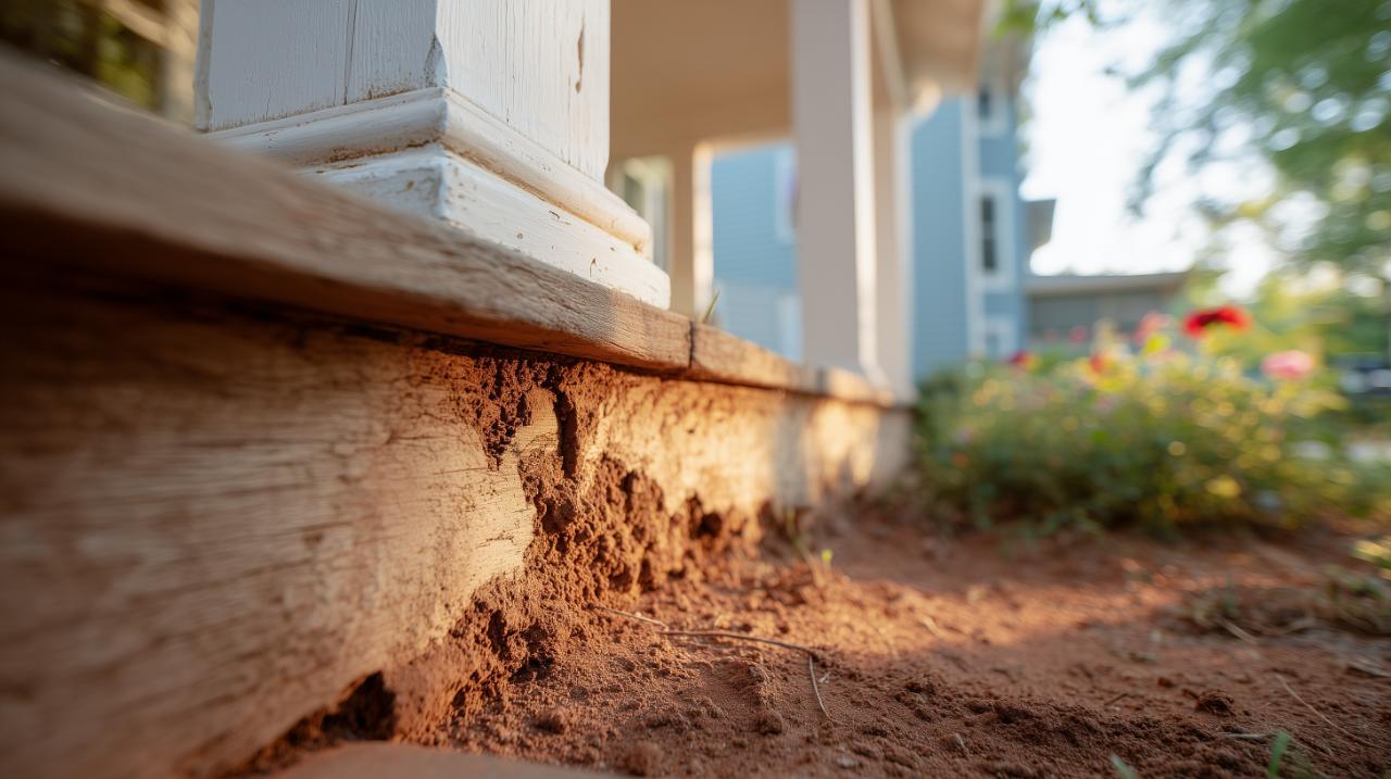 Termite damage and mud tubes along the wood sill of a home porch