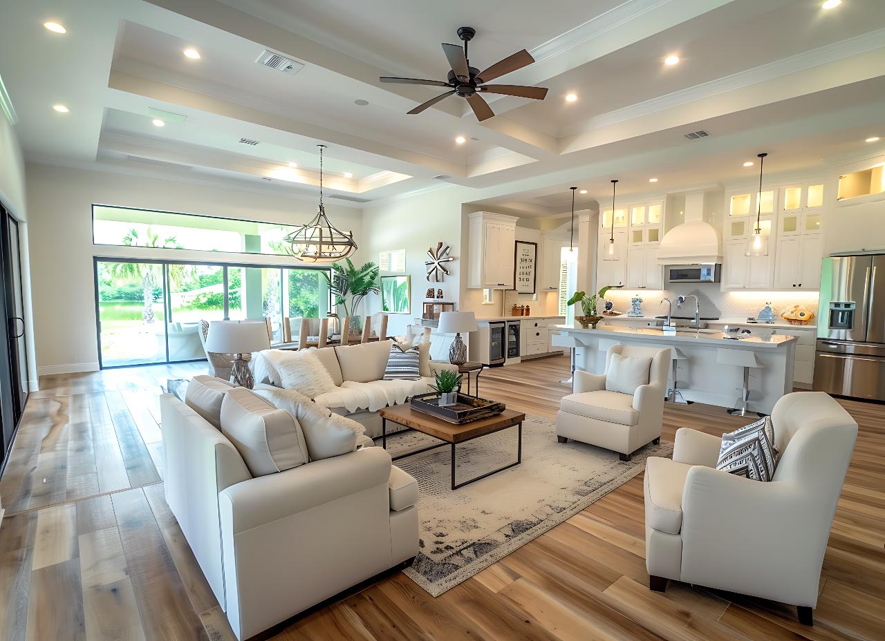 Open concept living room and kitchen of a Florida home during a buyer's inspection